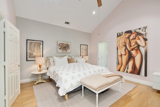 1747 Crescent Ln, Duncanville, TX 75137 - bedroom featuring light wood-style flooring, baseboards, high vaulted ceiling, and a ceiling fan