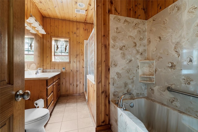 full bath with toilet, visible vents, wood ceiling, vanity, and a tub with marble appearance