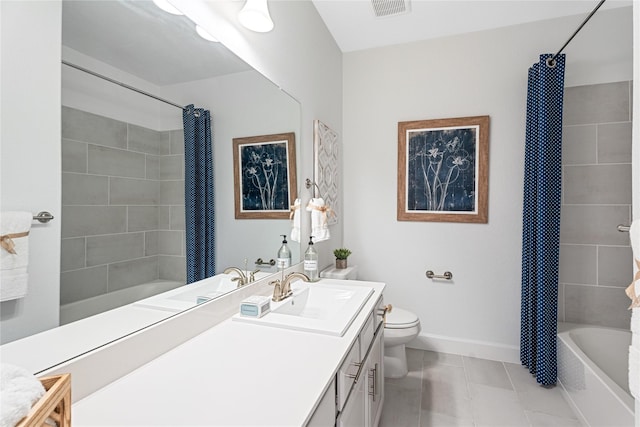 full bath featuring tile patterned floors, vanity, shower / bath combination with curtain, toilet, and visible vents