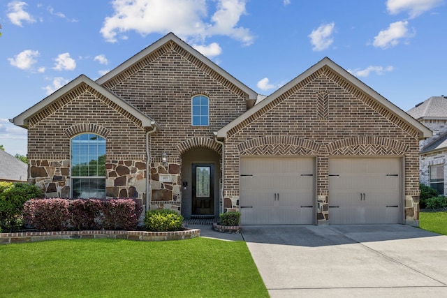 french country home featuring a front lawn, driveway, stone siding, brick siding, and a garage