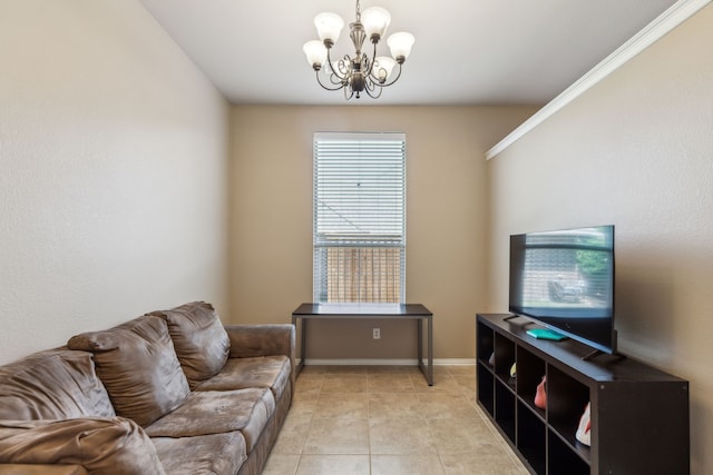 living area featuring baseboards, a wealth of natural light, a notable chandelier, and light tile patterned floors