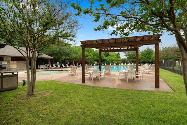 exterior space featuring a pergola, a yard, a patio, and fence