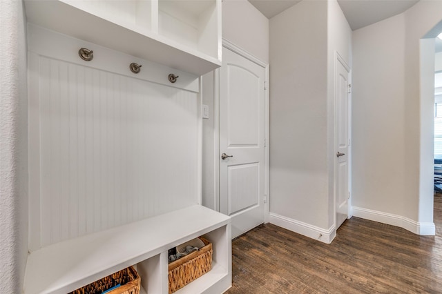 mudroom with baseboards and dark wood-type flooring