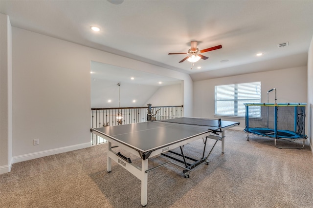 playroom with recessed lighting, carpet flooring, a ceiling fan, and visible vents