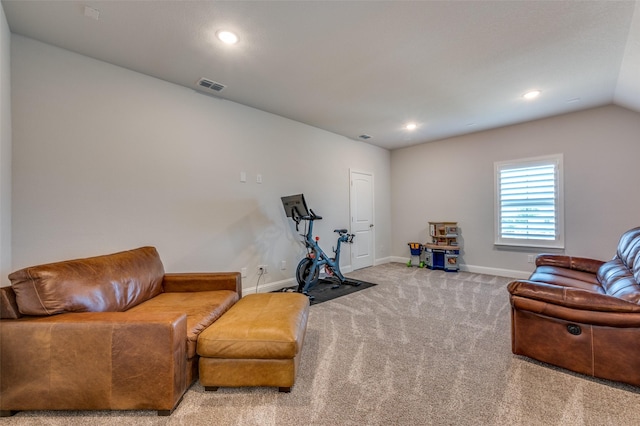 carpeted living room featuring baseboards, vaulted ceiling, visible vents, and recessed lighting