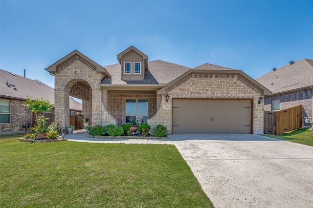 8700 White Rock Ln, Denton, TX 76226 - french country inspired facade featuring brick siding, an attached garage, stone siding, and a front lawn