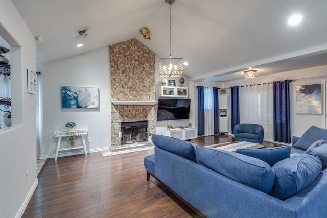 3031 Delaware Trl, Lake Worth, TX 76135 - living room featuring lofted ceiling, a chandelier, a fireplace, wood finished floors, and recessed lighting