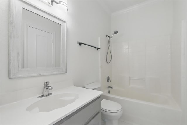 bathroom featuring shower / tub combination, toilet, vanity, and ornamental molding
