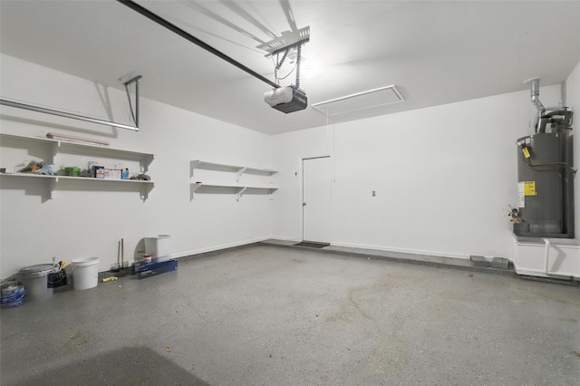 garage with water heater and a garage door opener
