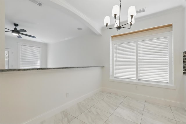 unfurnished dining area with visible vents, baseboards, and ceiling fan with notable chandelier