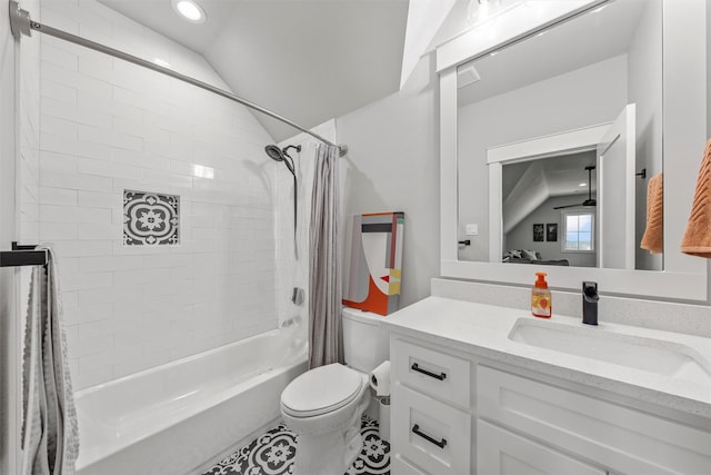 full bath featuring toilet, vanity, lofted ceiling, shower / bath combo with shower curtain, and recessed lighting