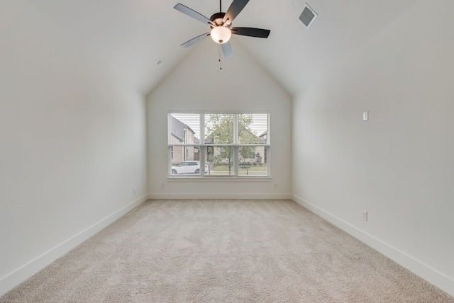 636 Caprice Blf, Fate, TX 75189 - empty room with vaulted ceiling, a ceiling fan, light carpet, baseboards, and visible vents