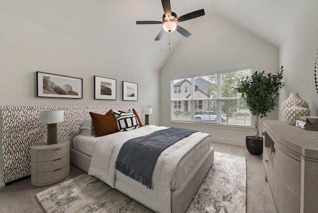 636 Caprice Blf, Fate, TX 75189 - bedroom with high vaulted ceiling, carpet, a ceiling fan, and baseboards