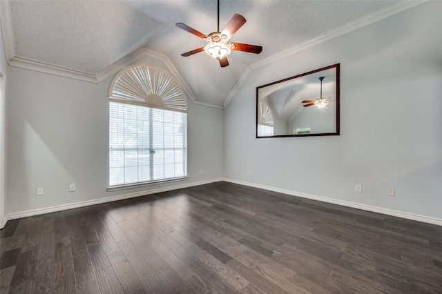 unfurnished room featuring ceiling fan, vaulted ceiling, a textured ceiling, dark wood-type flooring, and baseboards