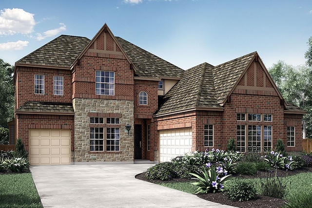 view of front of house featuring brick siding, an attached garage, driveway, and stone siding
