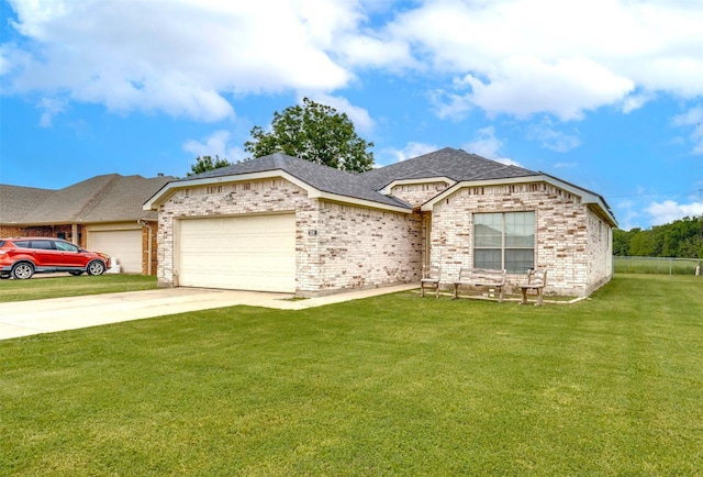 709 Katy Ln, Whitewright, TX 75491 - view of front of property featuring an attached garage, brick siding, a front lawn, concrete driveway, and a shingled roof