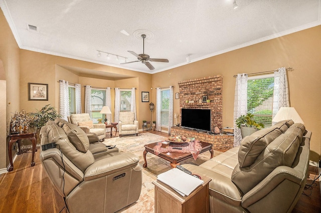 5625 Guadalajara Dr, North Richland Hills, TX 76180 - living room with rail lighting, a textured ceiling, light wood-style flooring, ceiling fan, and baseboards