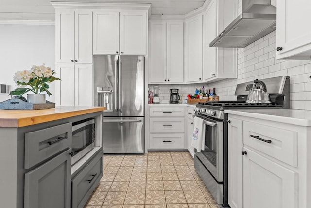 kitchen featuring wall chimney exhaust hood, backsplash, gray cabinetry, wood counters, and appliances with stainless steel finishes