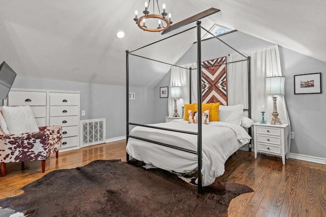 bedroom with a chandelier, lofted ceiling, visible vents, and baseboards