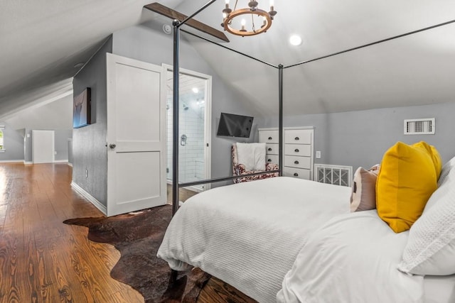 bedroom featuring vaulted ceiling, visible vents, baseboards, an inviting chandelier, and wood finished floors