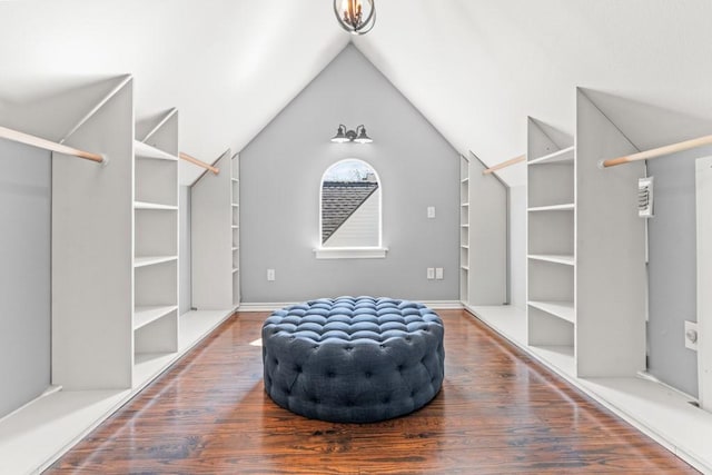 walk in closet with vaulted ceiling and wood finished floors