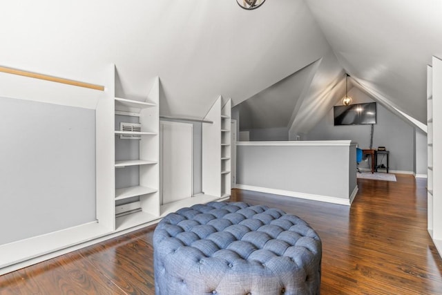 walk in closet with lofted ceiling and wood finished floors