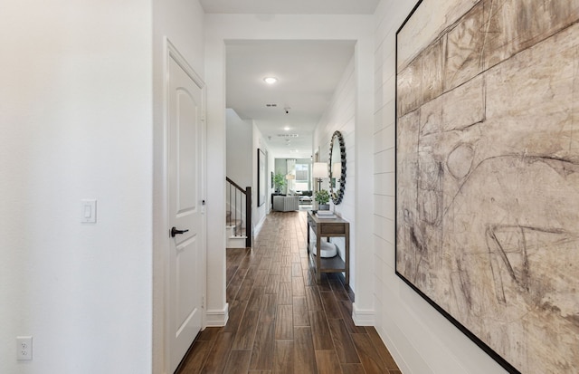 5939 Mayer Ave, Pilot Point, TX 75009 - hall with baseboards, recessed lighting, dark wood-type flooring, and stairway