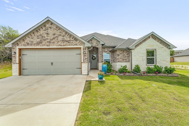 5003 Frio Dr, Granbury, TX 76048 - view of front of property with stone siding, a garage, driveway, a front lawn, and roof with shingles