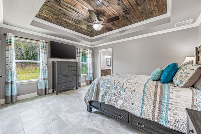 5003 Frio Dr, Granbury, TX 76048 - bedroom featuring a tray ceiling, crown molding, wood ceiling, baseboards, and ceiling fan