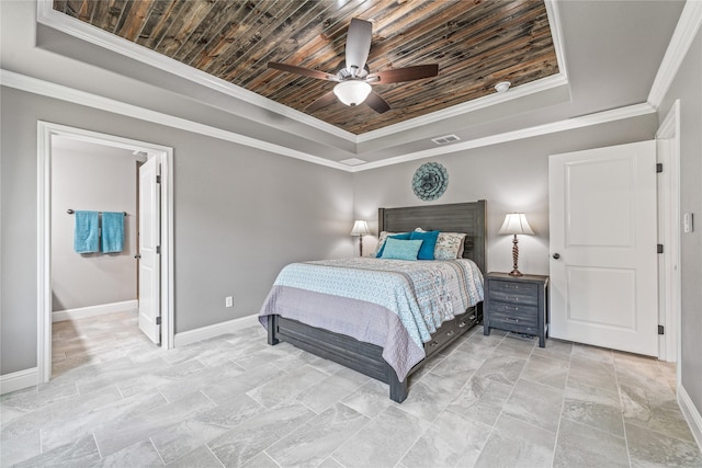 5003 Frio Dr, Granbury, TX 76048 - bedroom featuring a raised ceiling, wooden ceiling, baseboards, crown molding, and ceiling fan
