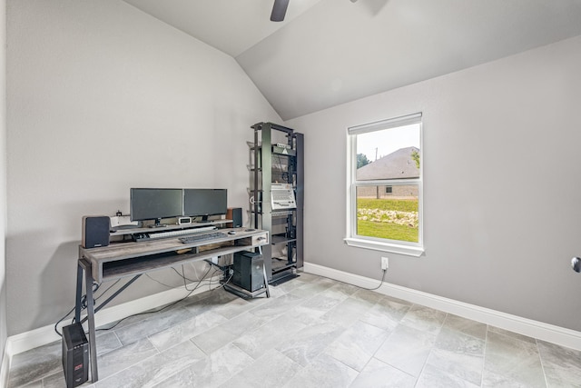 5003 Frio Dr, Granbury, TX 76048 - office space featuring vaulted ceiling, baseboards, and ceiling fan