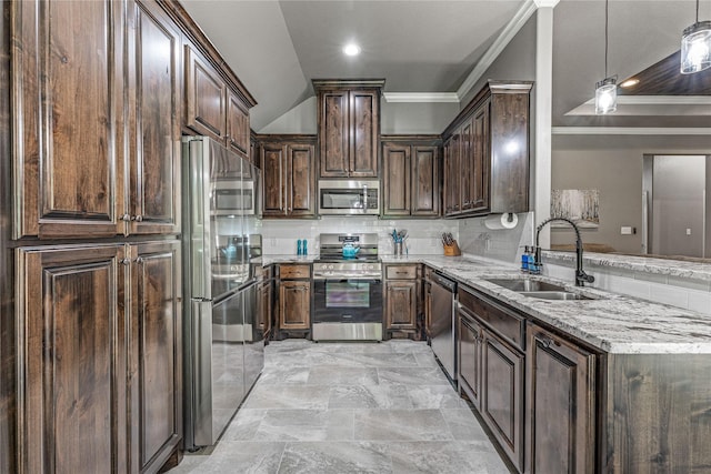 5003 Frio Dr, Granbury, TX 76048 - kitchen featuring appliances with stainless steel finishes, a sink, a peninsula, light stone counters, and dark brown cabinetry