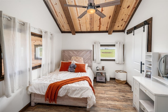 bedroom with a barn door, wood finished floors, wooden ceiling, and lofted ceiling with beams