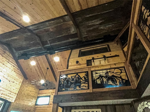 room details with wood walls and wooden ceiling