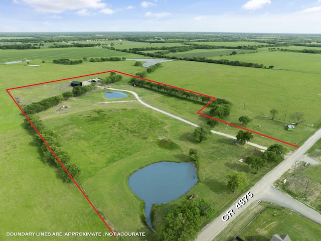 bird's eye view with a rural view and a water view