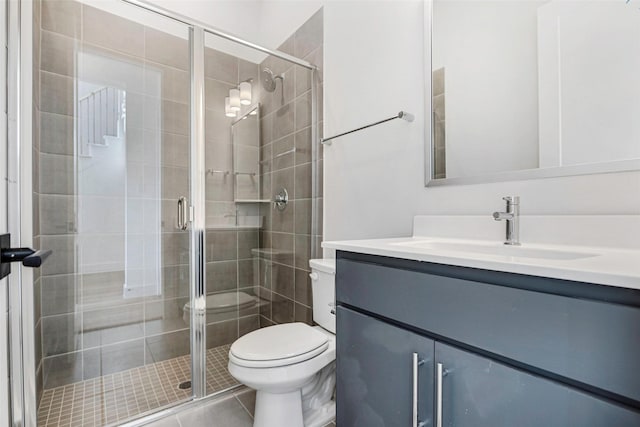 7312 Collin Mckinney Pkwy, Mckinney, TX 75070 - bathroom with toilet, vanity, a stall shower, and tile patterned flooring
