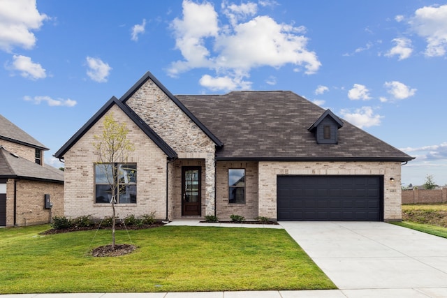 french provincial home with brick siding, an attached garage, a front yard, and concrete driveway