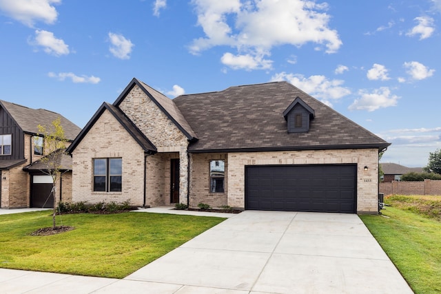 french country home with a garage, brick siding, a front lawn, and concrete driveway