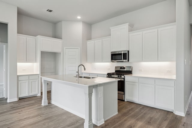 kitchen featuring tasteful backsplash, a sink, stainless steel appliances, a center island with sink, and light wood-style flooring