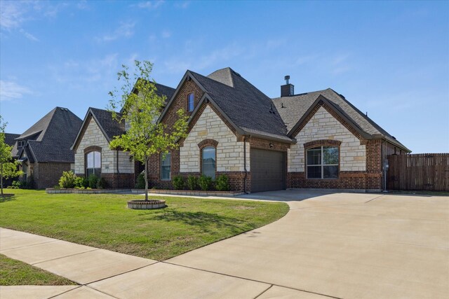 12816 Rocky Top Rd, Godley, TX 76044 - french country style house featuring roof with shingles, a front lawn, stone siding, concrete driveway, and brick siding