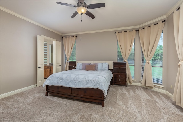 100 Meadow Arbor Dr, Weatherford, TX 76085 - bedroom with crown molding, baseboards, carpet, access to exterior, and ceiling fan
