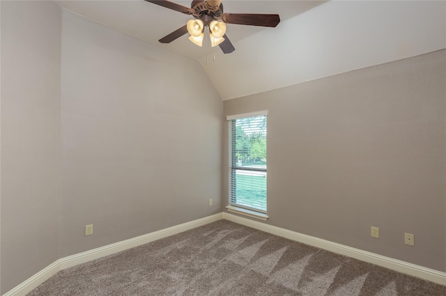 full bathroom featuring curtained shower, lofted ceiling, toilet, and vanity
