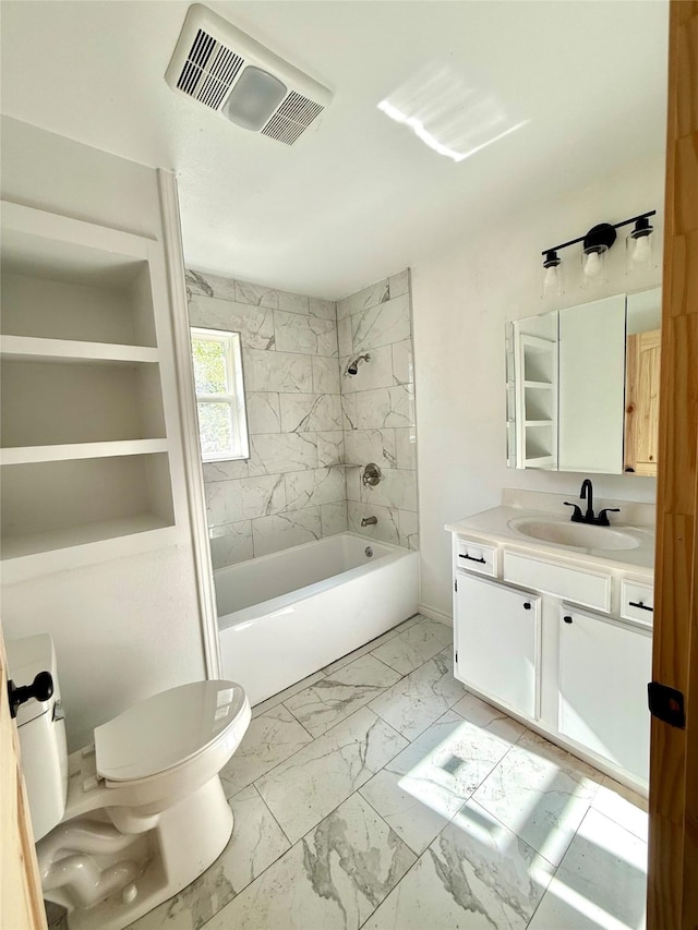 369 County Road 2119, Quitman, TX 75783 - bathroom with marble finish floor, shower / bathtub combination, visible vents, toilet, and vanity