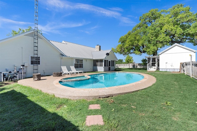 13122 Lipan Hwy, Lipan, TX 76462 - view of pool with a yard, a pool with connected hot tub, a sunroom, and a fenced backyard