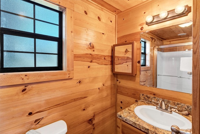 13122 Lipan Hwy, Lipan, TX 76462 - bathroom with a shower stall, wood walls, vanity, and plenty of natural light