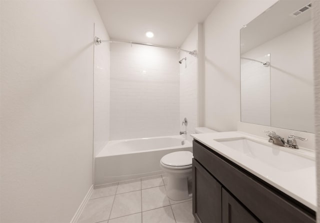 bathroom with tile patterned floors, visible vents, toilet, vanity, and tub / shower combination
