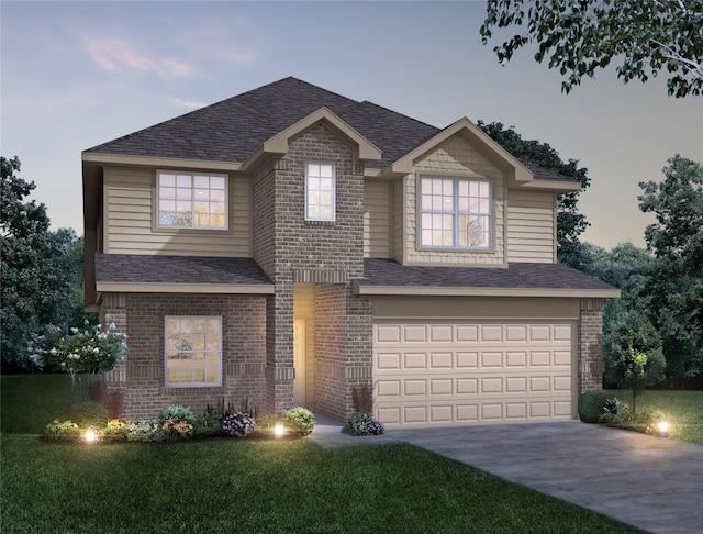 traditional home featuring a shingled roof, brick siding, and a garage