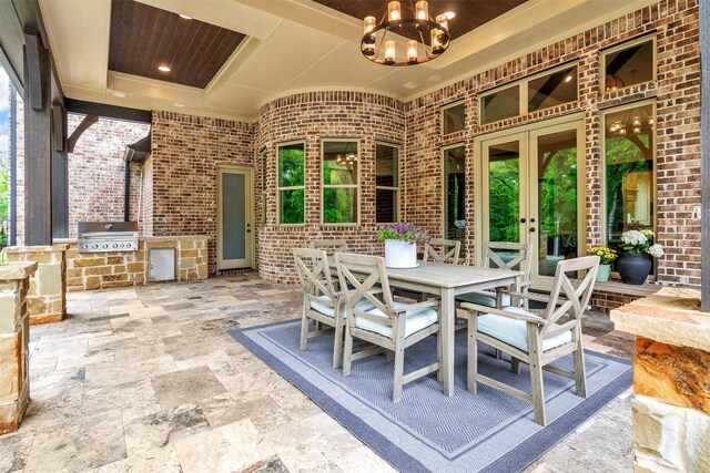 521 W Waters Edge Way, Oak Point, TX 75068 - pool featuring ceiling fan, an outdoor stone fireplace, french doors, a patio area, and outdoor dining space