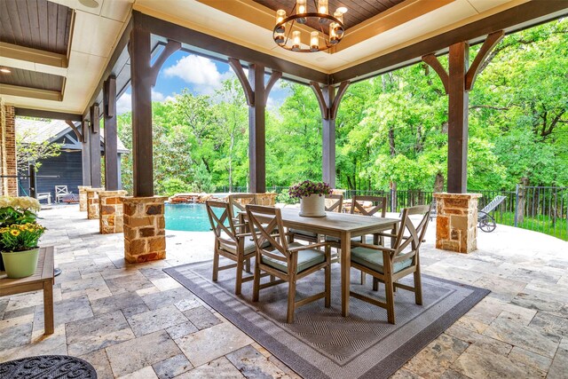 521 W Waters Edge Way, Oak Point, TX 75068 - view of patio featuring french doors, outdoor dining area, an outdoor stone fireplace, and ceiling fan