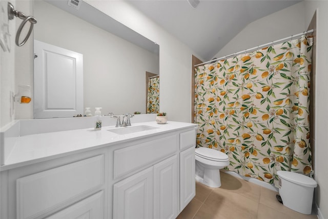 bathroom featuring toilet, vaulted ceiling, visible vents, tile patterned flooring, and vanity